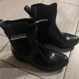 Coach Black Glossy Logo Ankle Rain Boots